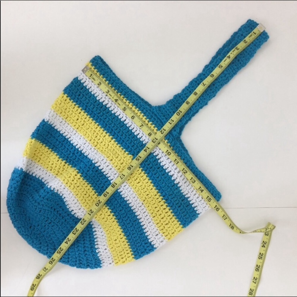 Handmade Crochet Cotton stripe Yellow Turquoise white tote - Picture 3 of 3